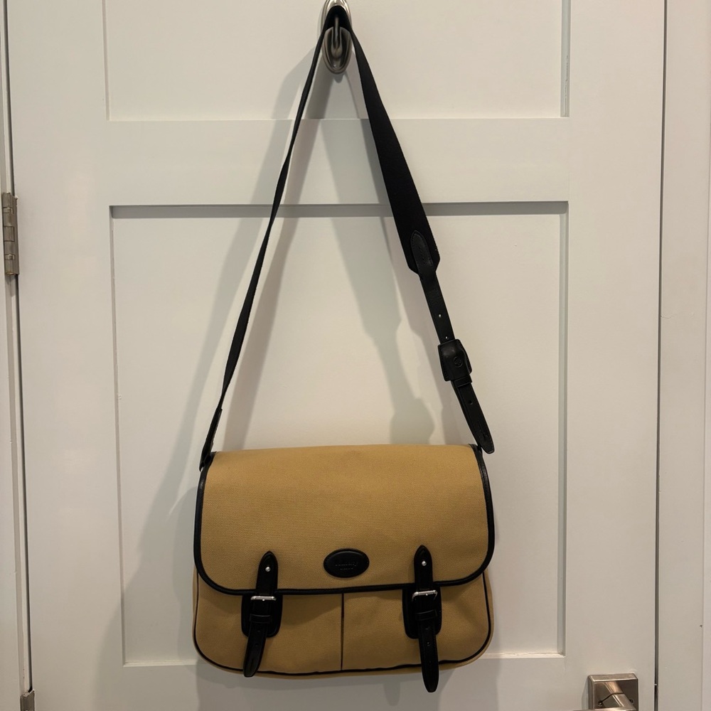 Mulberry Tan Canvas Messenger Bag with Black Leather Trim